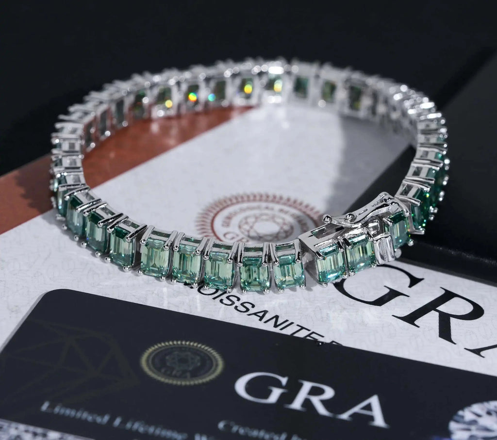 Men's Iced Out 925 Sterling Silver Emerald Cut Blue Green Moissanite Tennis Bracelet