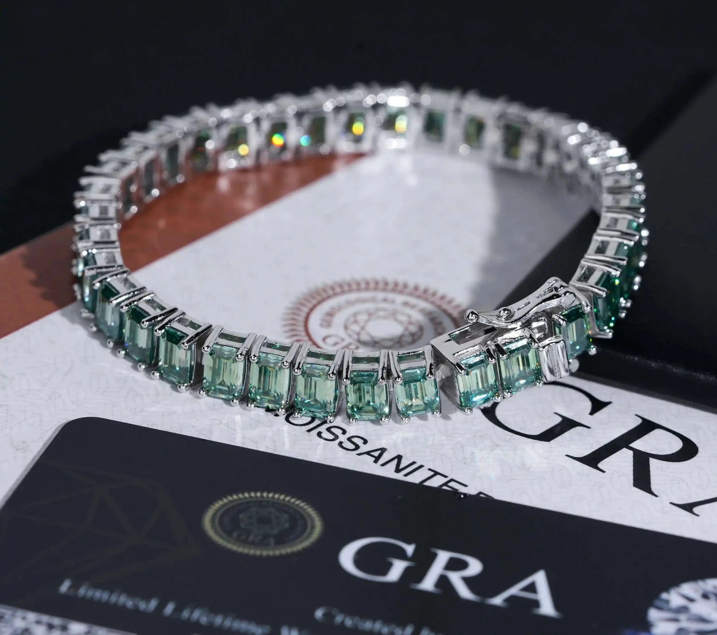 Men's Iced Out 925 Sterling Silver Emerald Cut Blue Green Moissanite Tennis Bracelet