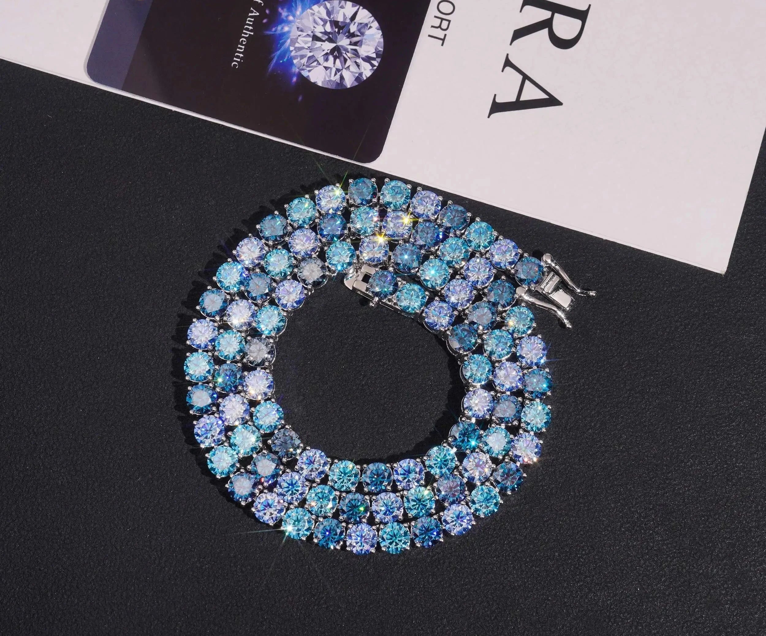 Unisex Iced Out 925 Sterling Silver Blue Moissanite Tennis Chain Necklace