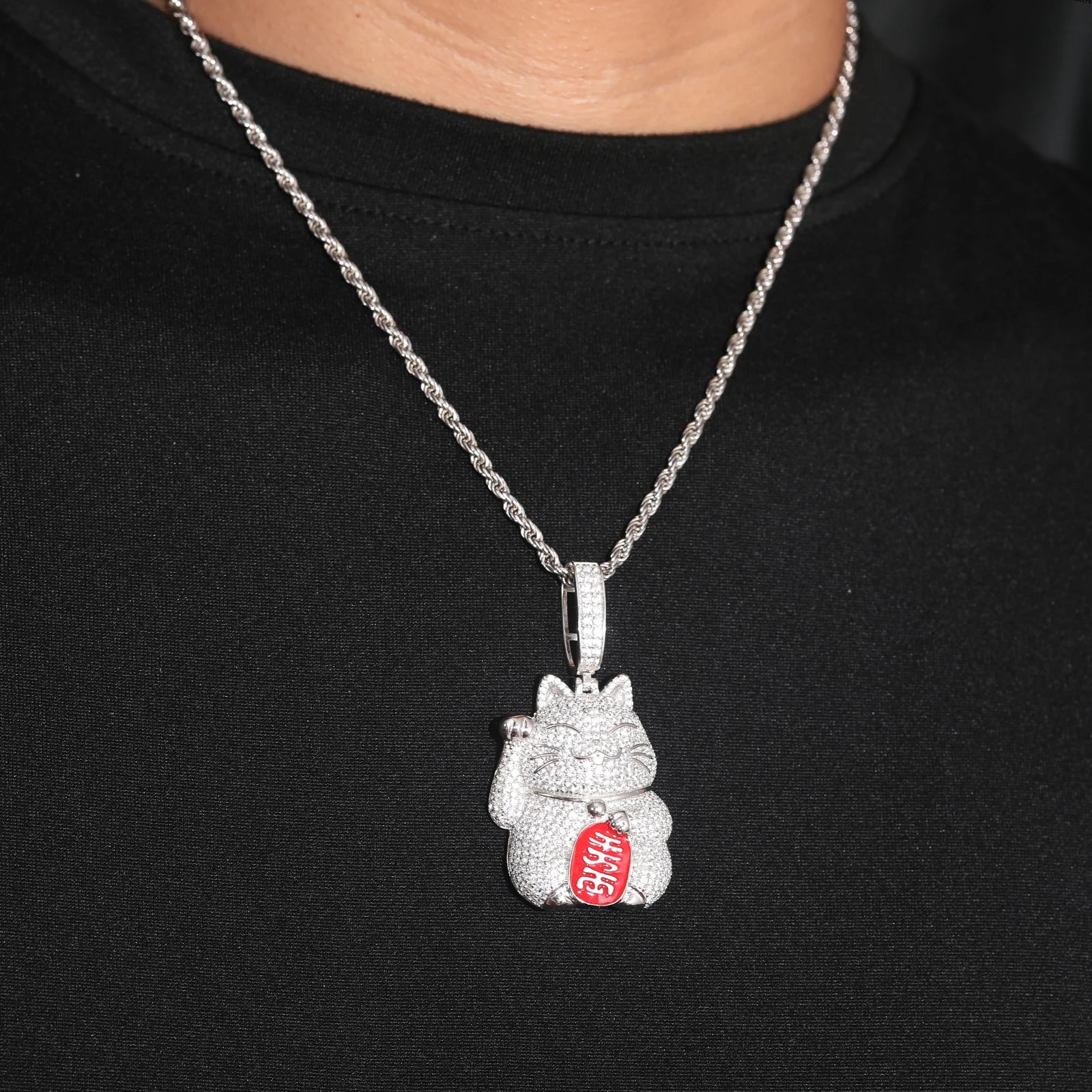 Unisex Iced Out Fortune Cat Pendant 925 Sterling Silver VVS Moissanite TQP0450
