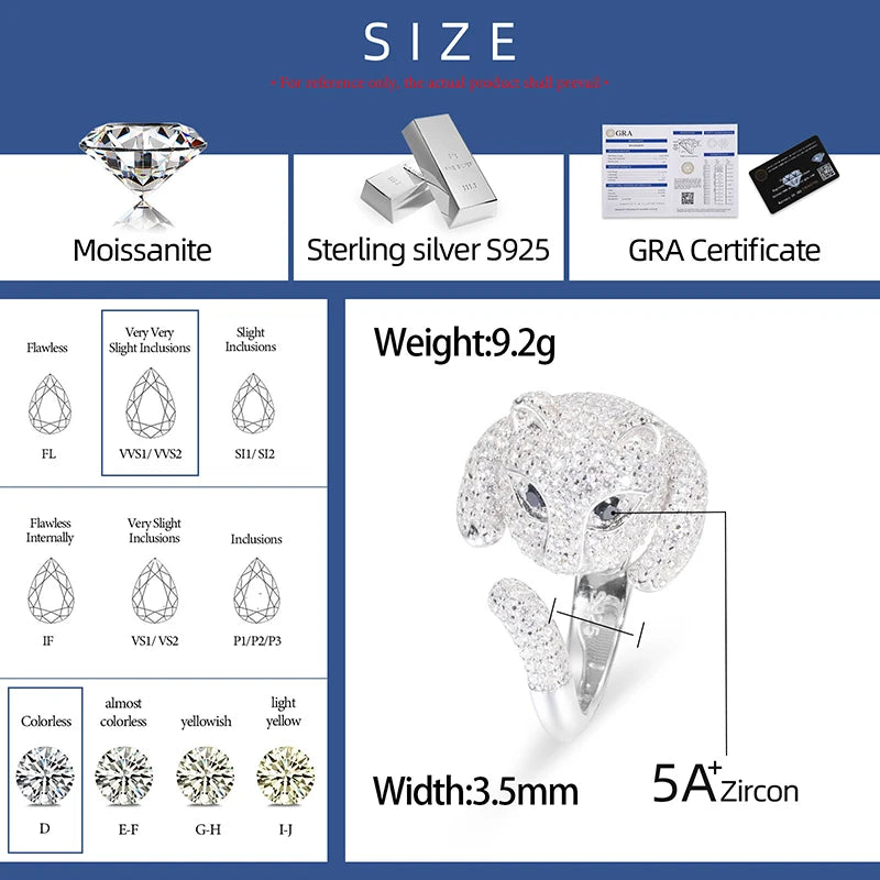 Unisex Round Brilliant Cut VVS Moissanite Leopard Head Ring 925 Sterling Silver