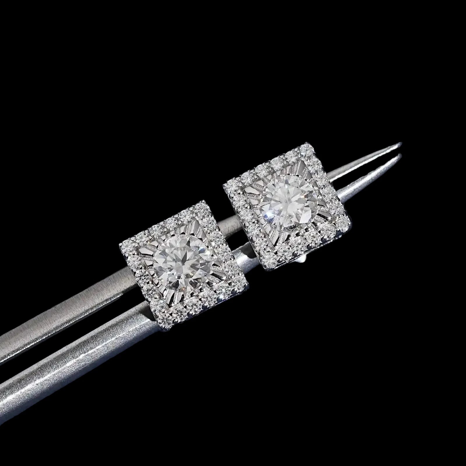 Unisex Iced Out 925 Sterling Silver Rhodium Plated VVS Moissanite Round Brilliant Cut Square Halo Stud Earrings