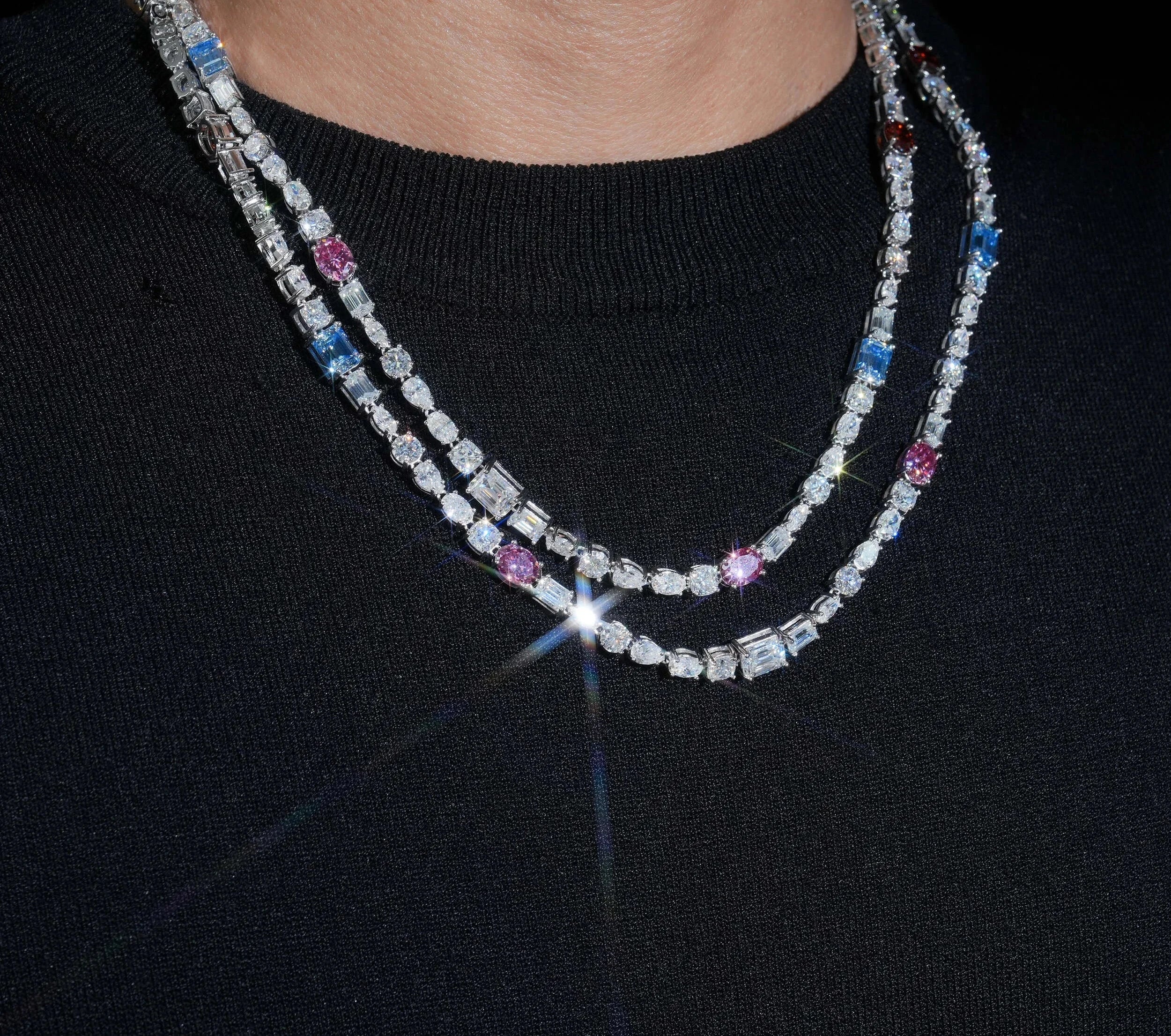 Unisex Mix Fancy Cut VVS Moissanite Tennis Chain Necklace 925 Sterling Silver