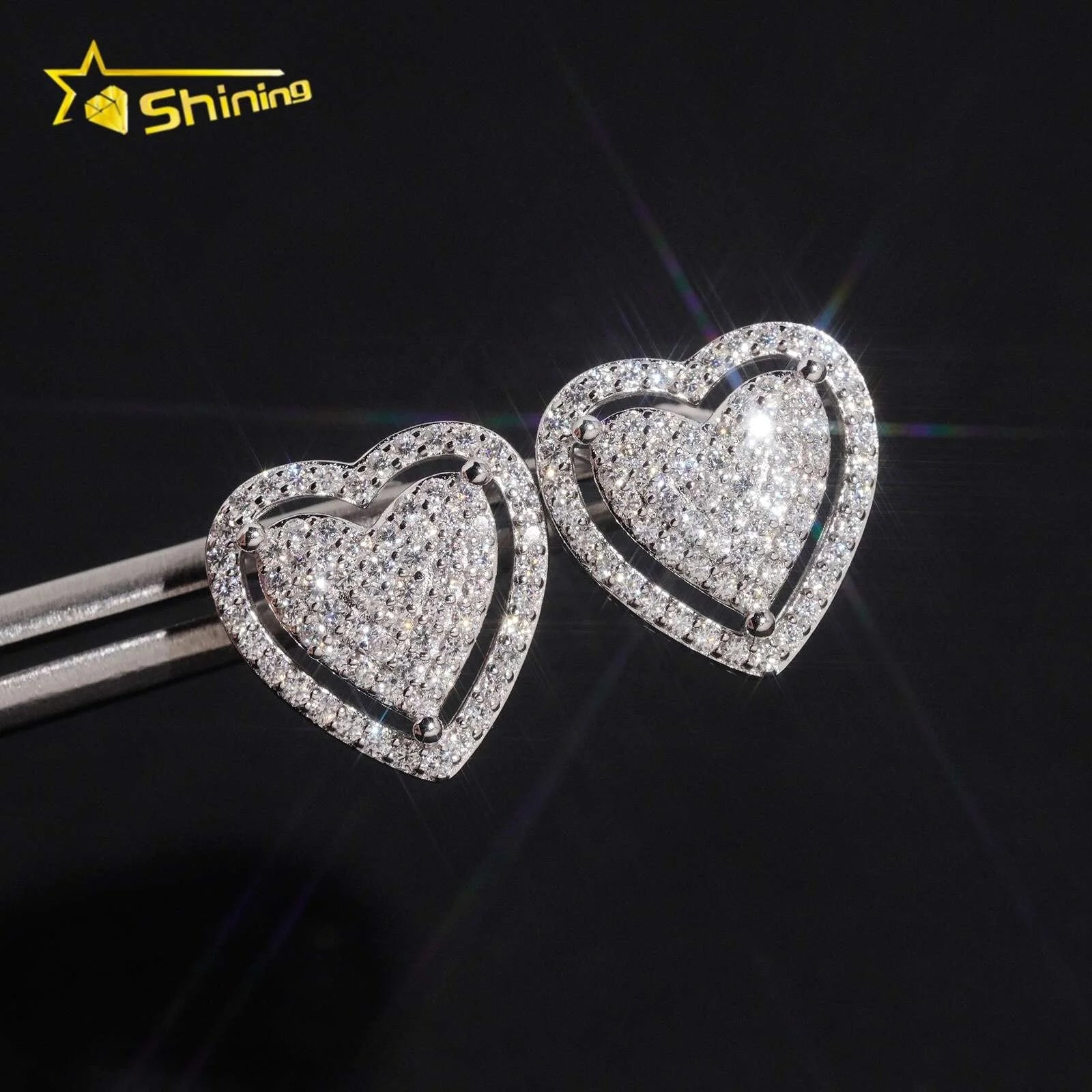 Unisex Iced Out 925 Sterling Silver Rhodium Plated VVS Moissanite Round Brilliant Cut Geometric Stud Earrings