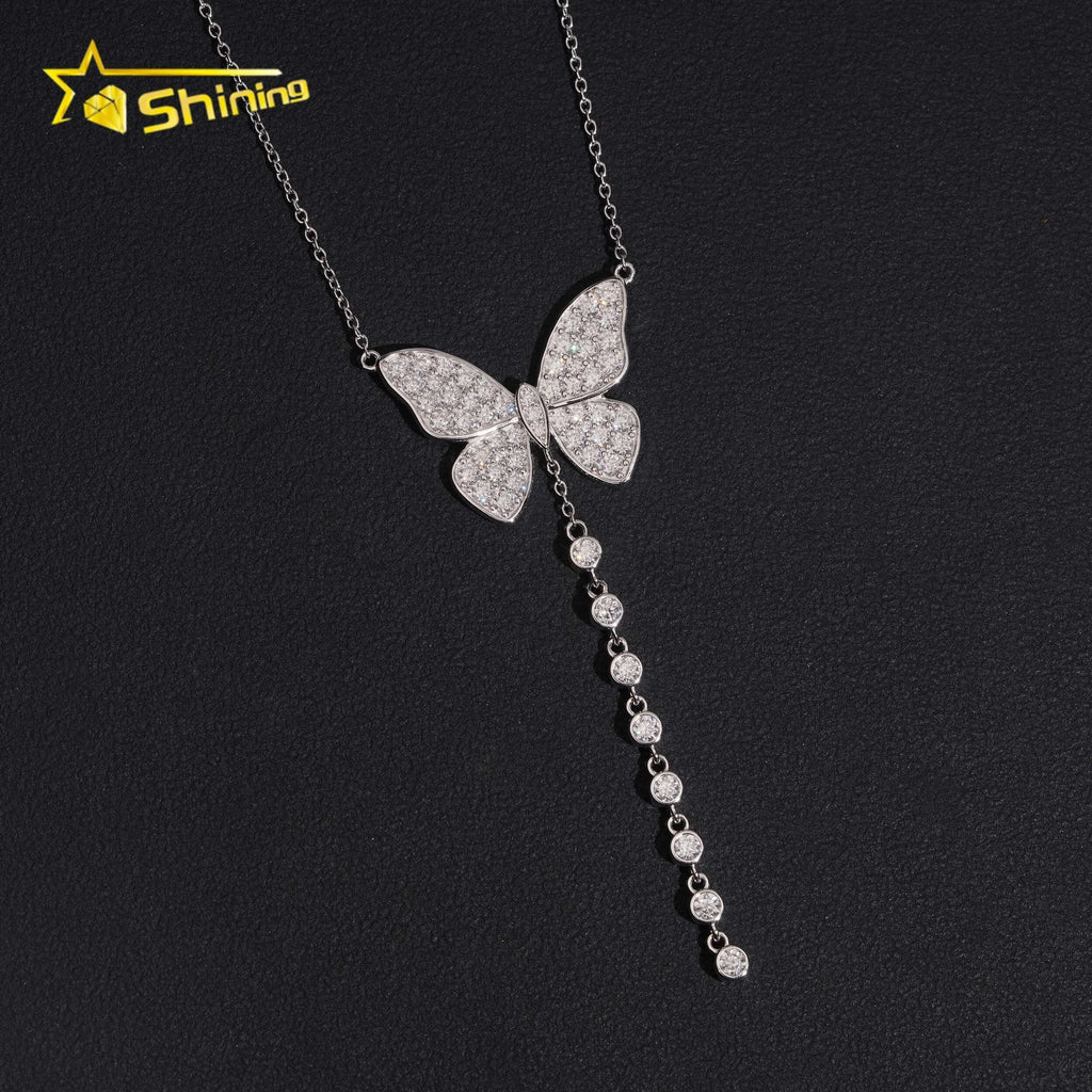 Women's Iced Out 925 Sterling Silver Butterfly Charm Moissanite Necklace