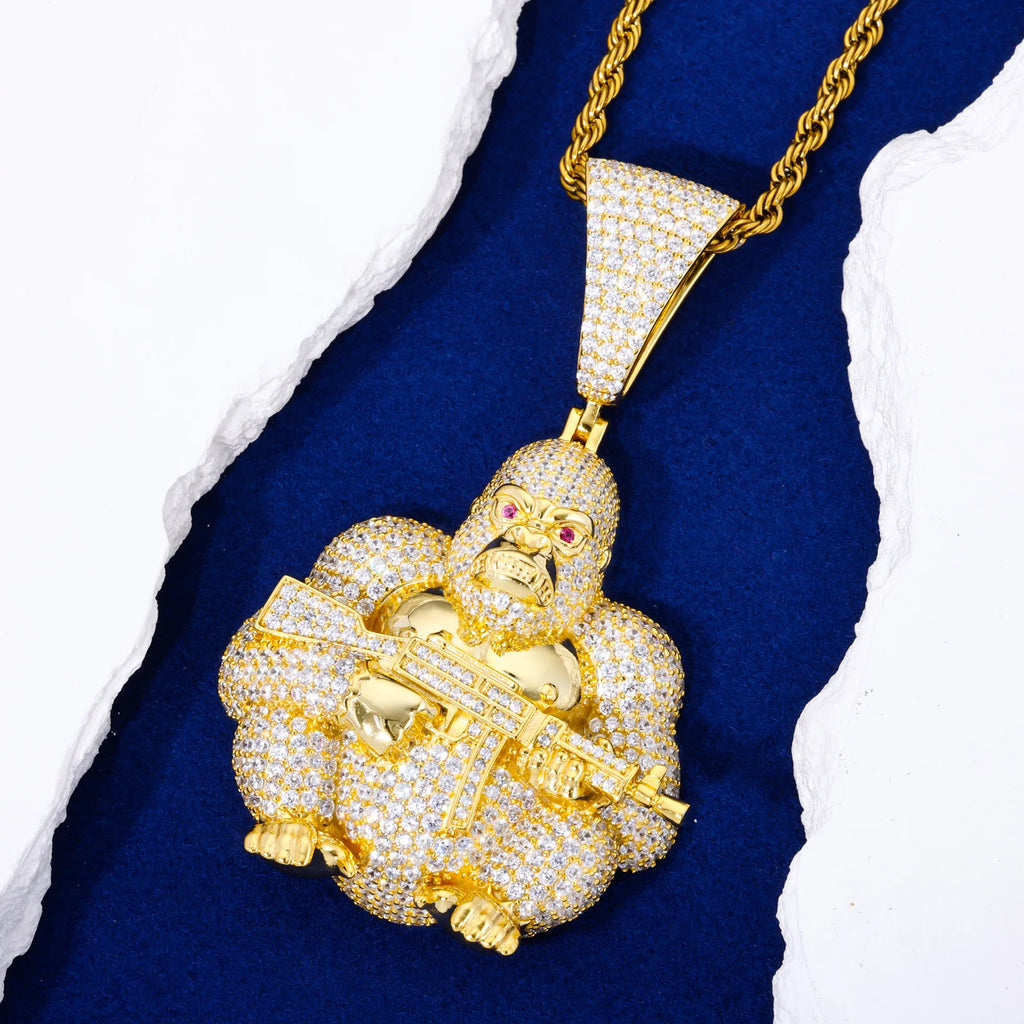 Unisex Iced Out Gorilla Holding AK Pendant 925 Sterling Silver VVS Moissanite TQP0867