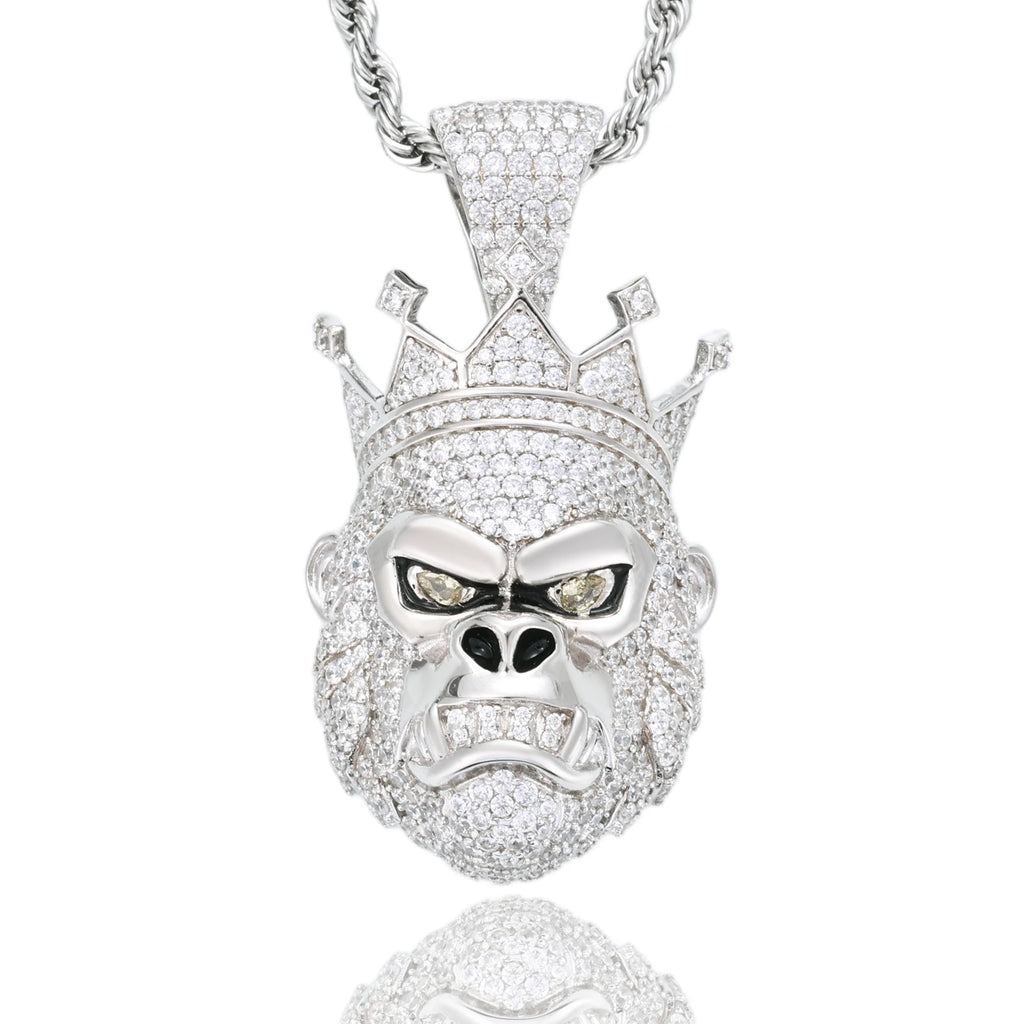Unisex 925 Sterling Silver VVS Moissanite Gorilla with Crown Iced Out Pendant