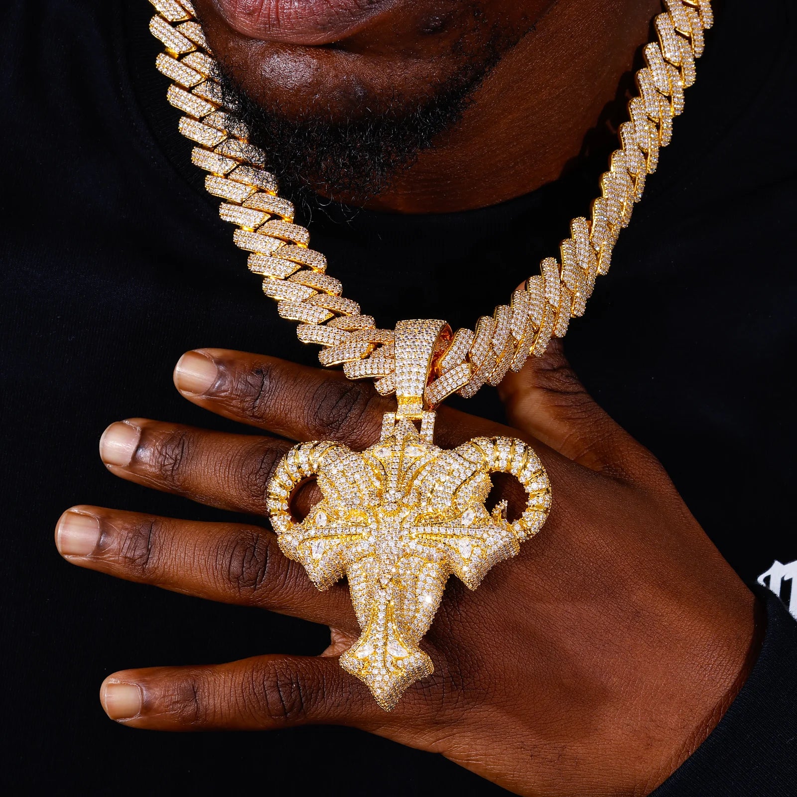 Men's Gold Plated Moissanite Iced Out Cross Goat Head Pendant CZP1202