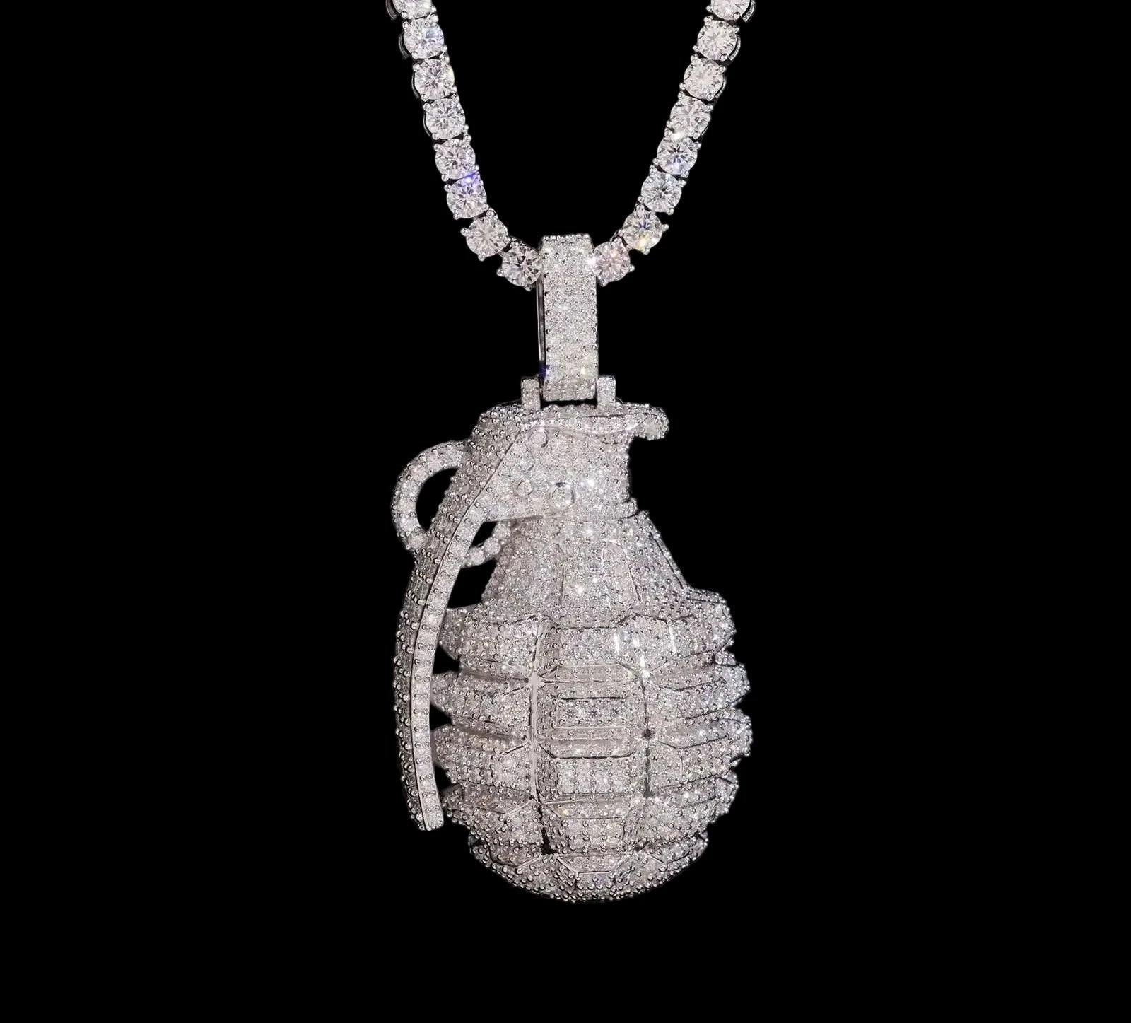 Unisex Iced Out Hand Grenade Pendant 925 Sterling Silver VVS Moissanite BP5181