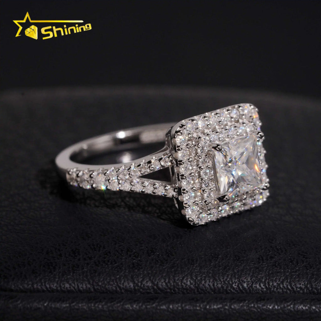 Women's Iced Out 925 Sterling Silver Princess Cut VVS Moissanite Wedding Engagement Ring
