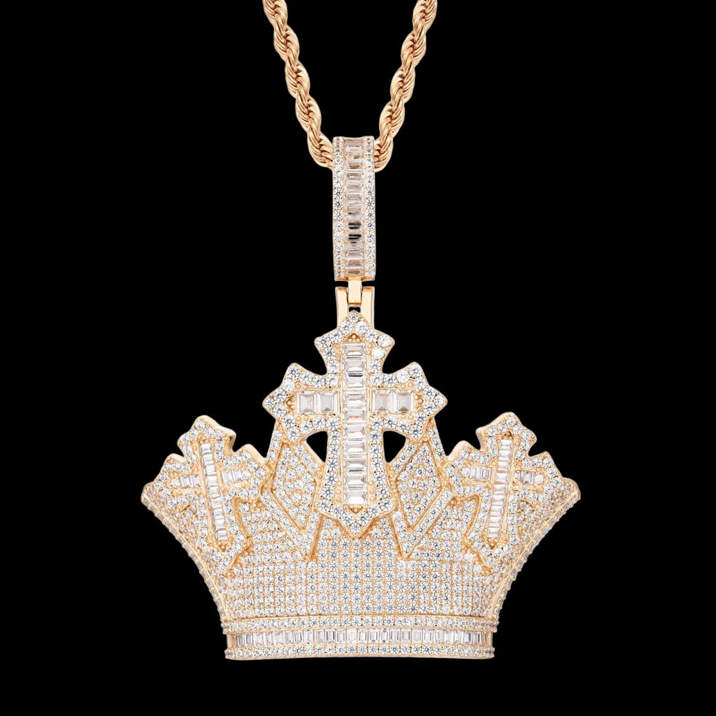 Unisex 925 Sterling Silver VVS Moissanite Iced Out Crown Cross Pendant TQP1055