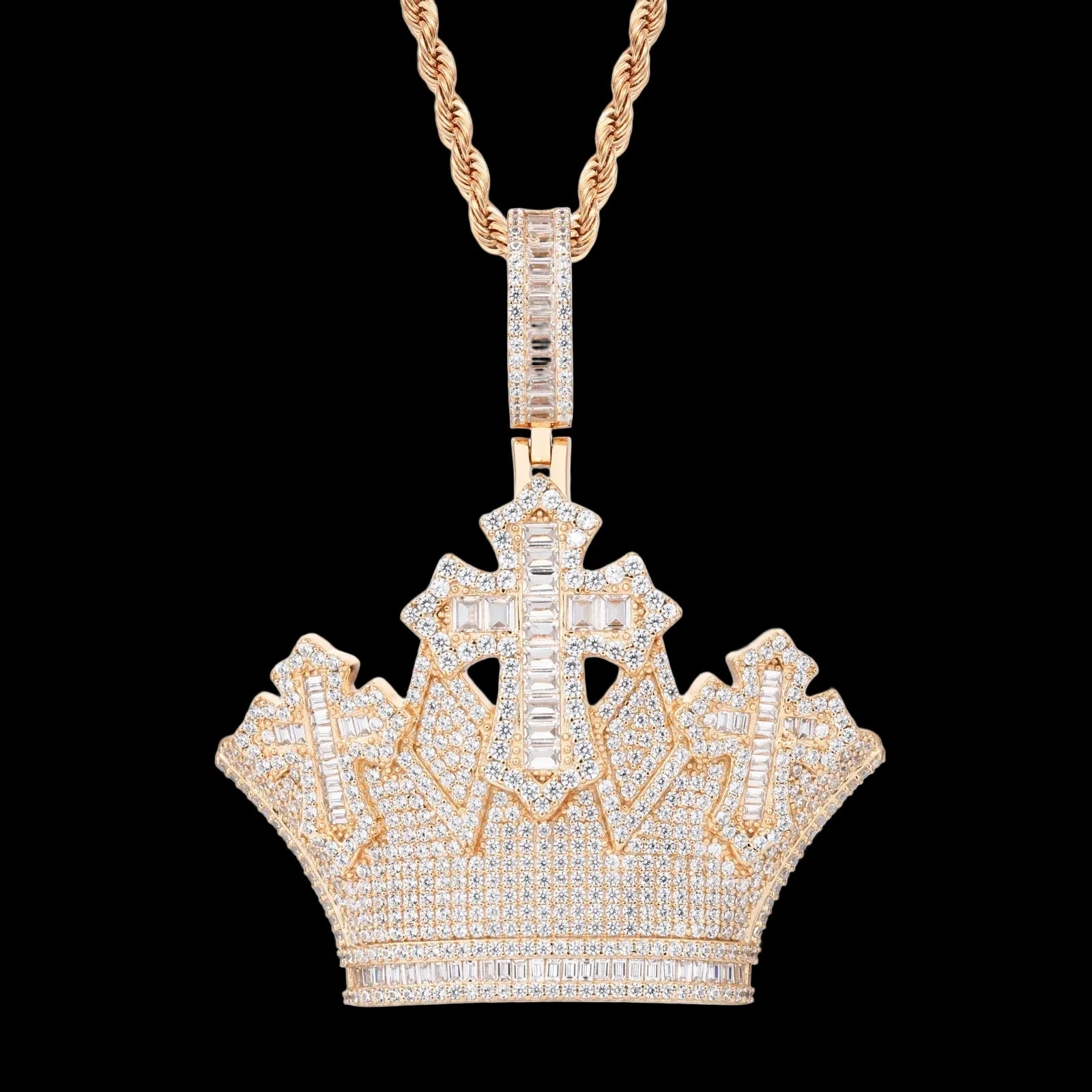 Unisex 925 Sterling Silver VVS Moissanite Iced Out Crown Cross Pendant TQP1055