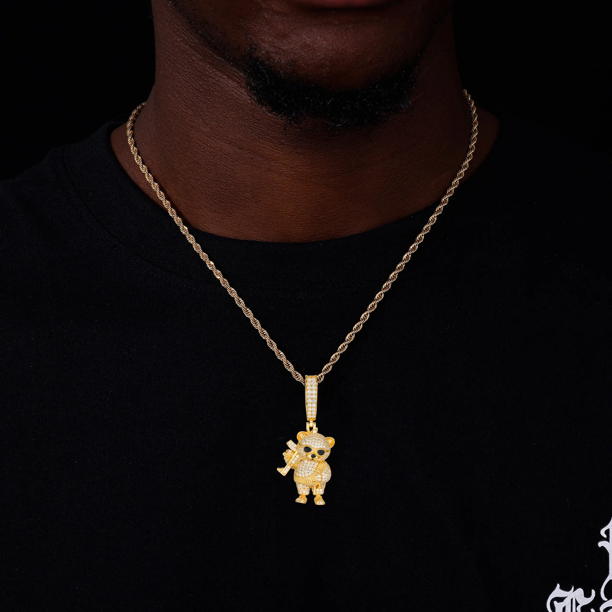 Men's Iced Out Bear Holding AK Pendant 925 Sterling Silver VVS Moissanite TQP0799