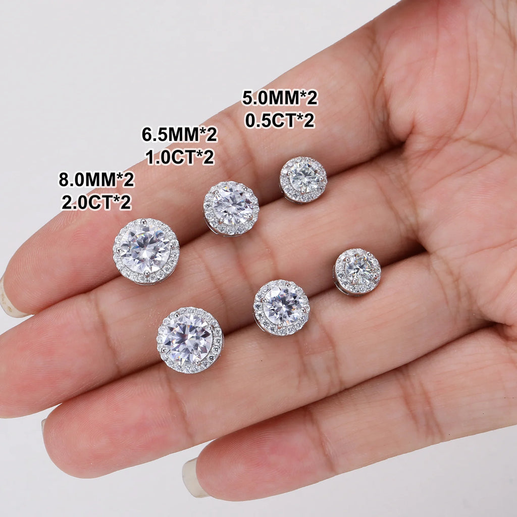 Unisex Iced Out 925 Sterling Silver White Gold Plated VVS Moissanite Round Brilliant Cut Halo Stud Earrings