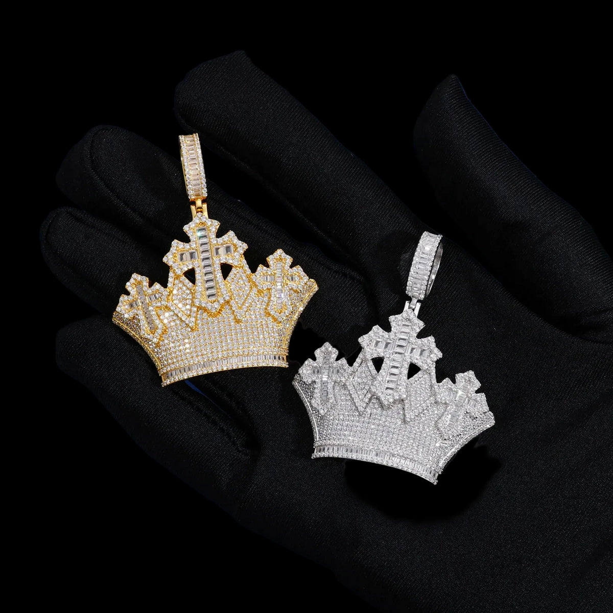 Unisex 925 Sterling Silver VVS Moissanite Iced Out Crown Cross Pendant TQP1055