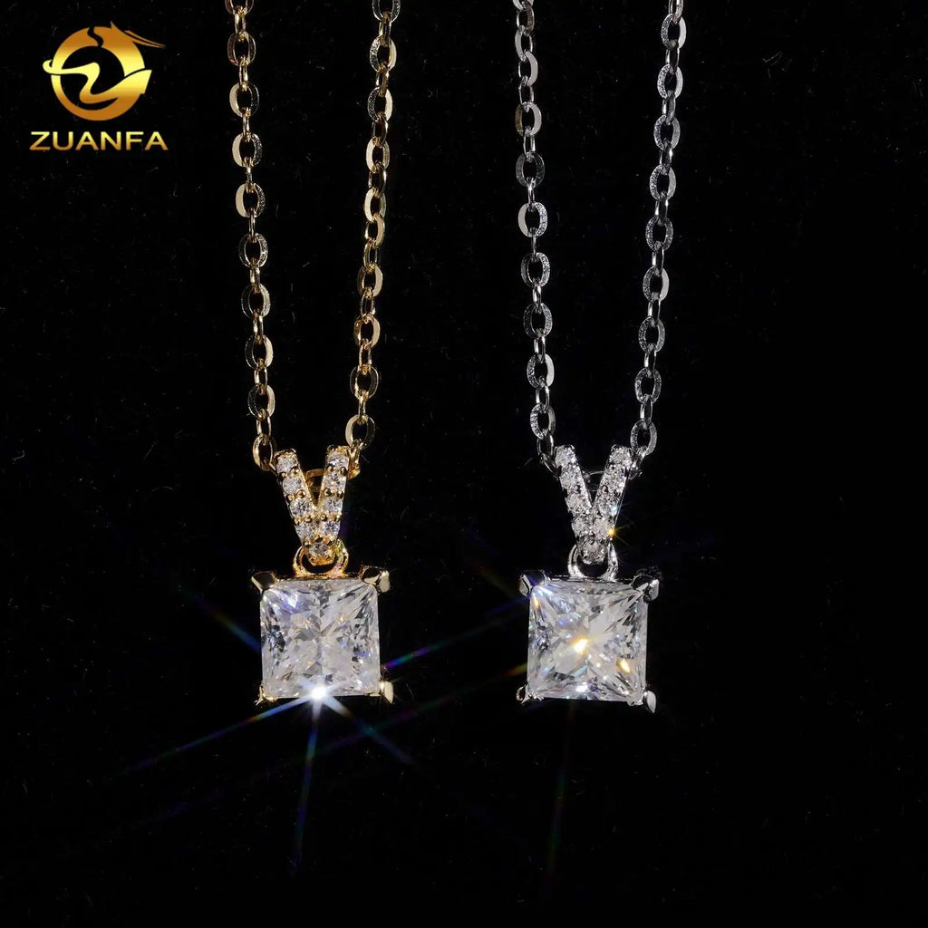 Unisex Iced Out 925 Sterling Silver Moissanite Princess Cut Pendant Necklace