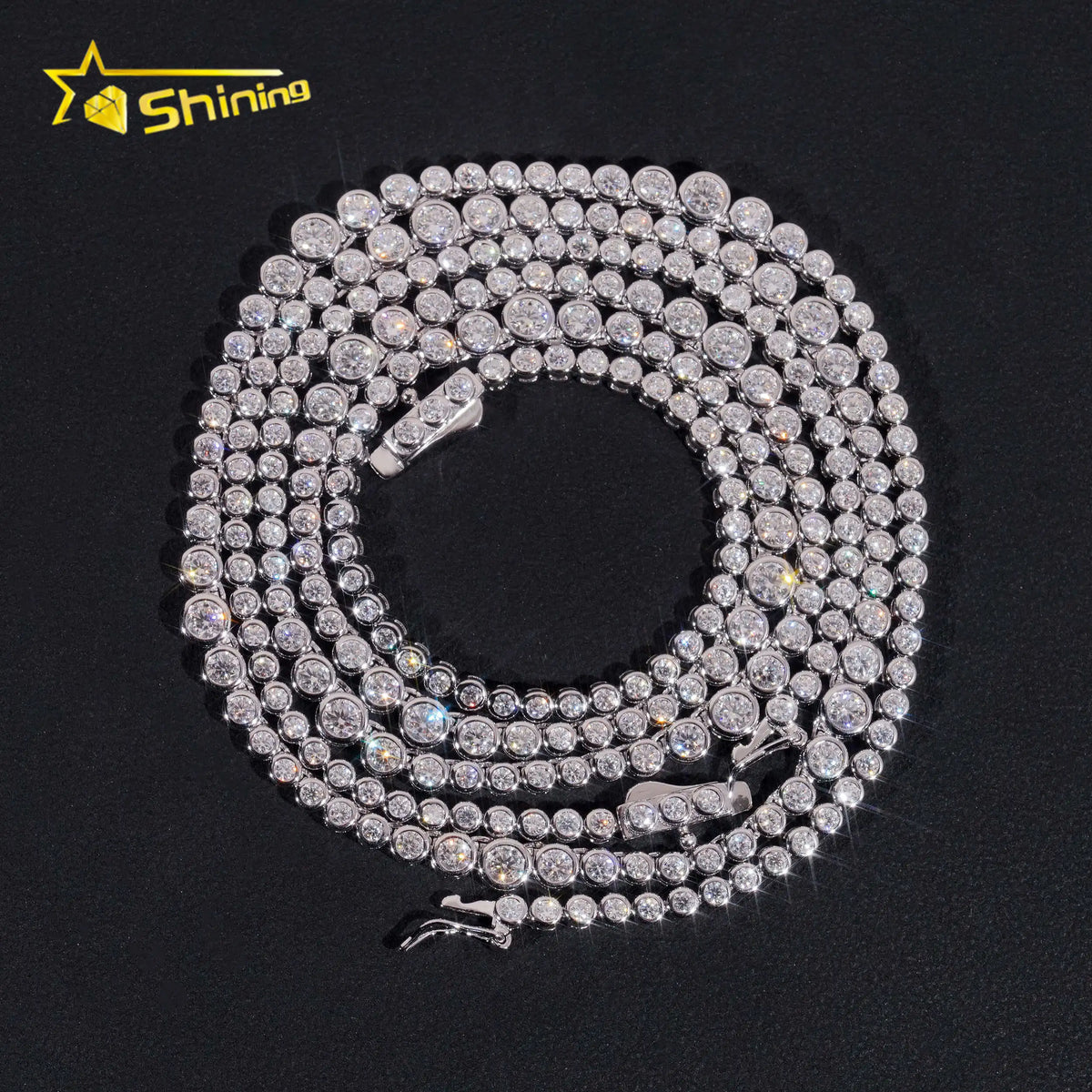 Unisex 2mm Round Brilliant Cut VVS Moissanite Bezel Choker Necklace Rhodium Plated 925 Sterling Silver