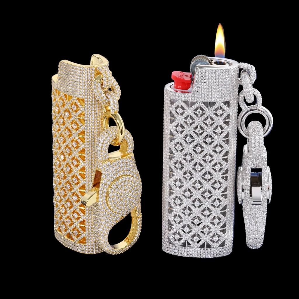 Men's Iced Out Moissanite Lighter Case 925 Sterling Silver Wallet Chain