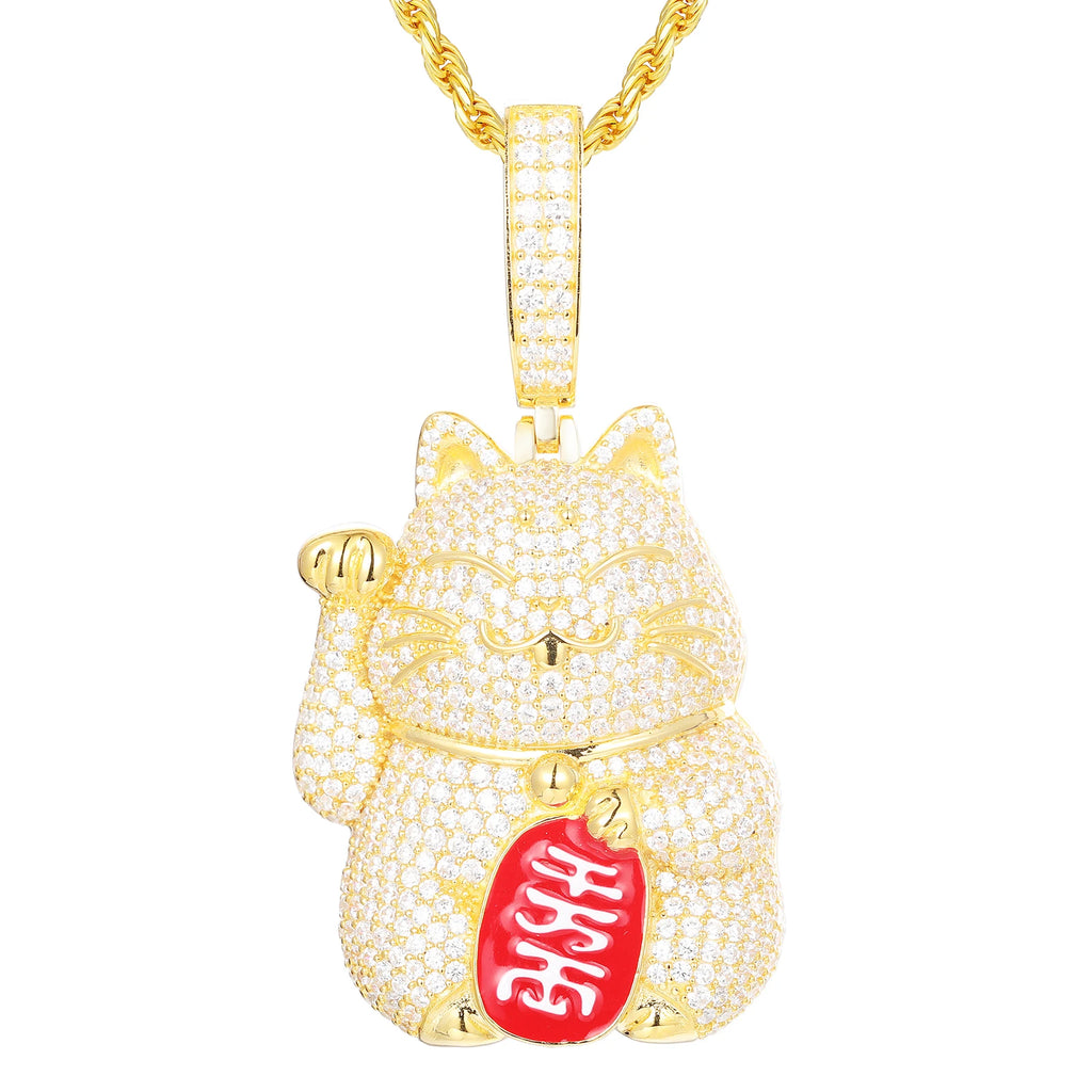 Unisex Iced Out Fortune Cat Pendant 925 Sterling Silver VVS Moissanite TQP0450