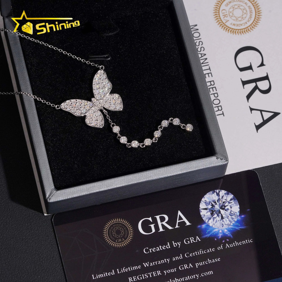 Women's Iced Out 925 Sterling Silver Butterfly Charm Moissanite Necklace