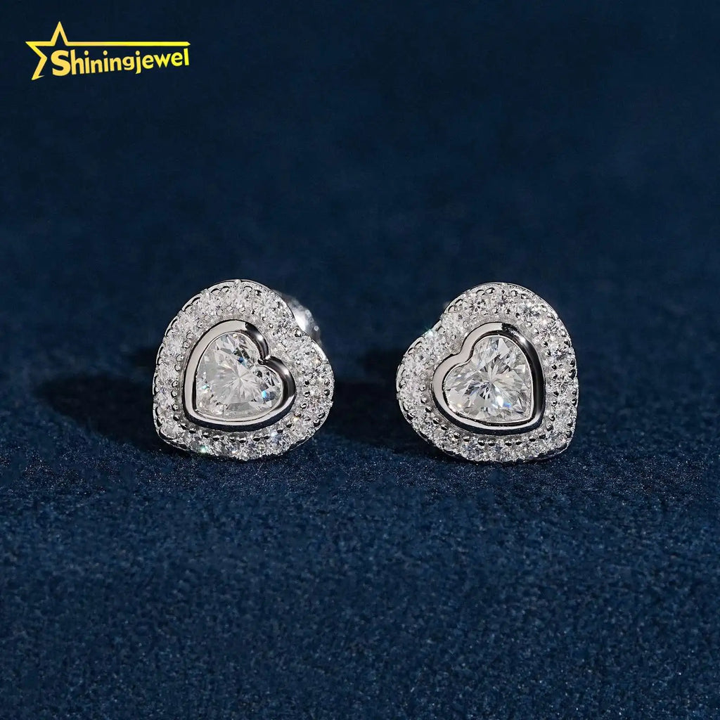 Unisex Iced Out 925 Sterling Silver VVS Moissanite Heart Stud Earrings