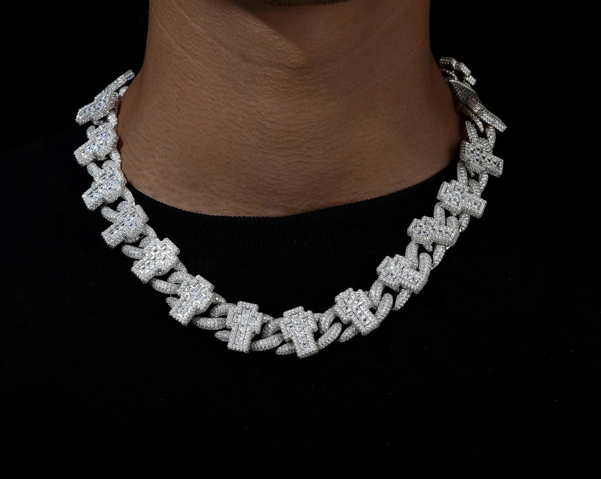 Men's 19mm Cross Shape Micro Paved Princess Cut Moissanite Cuban Link Chain Necklace 925 Sterling Silver