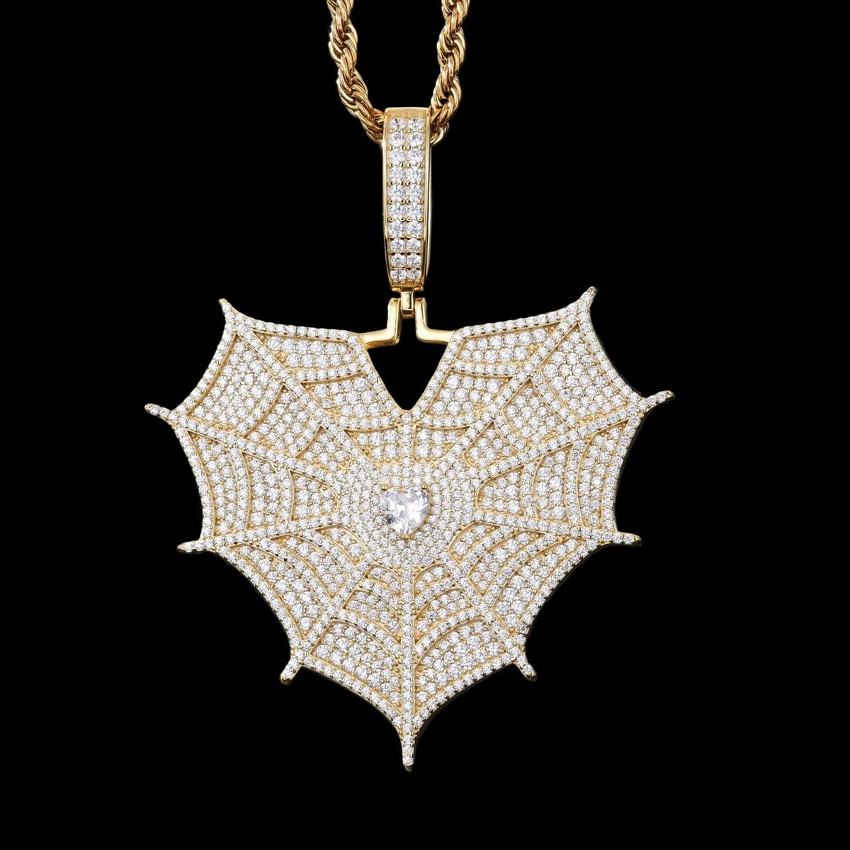 Unisex 925 Sterling Silver VVS Moissanite Iced Out Spider Web Heart Pendant TQP0536