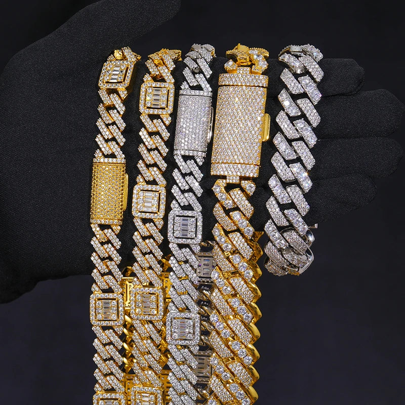 Men's 15mm Round Brilliant Cut VVS Moissanite Cuban Link Chain Necklace 925 Sterling Silver