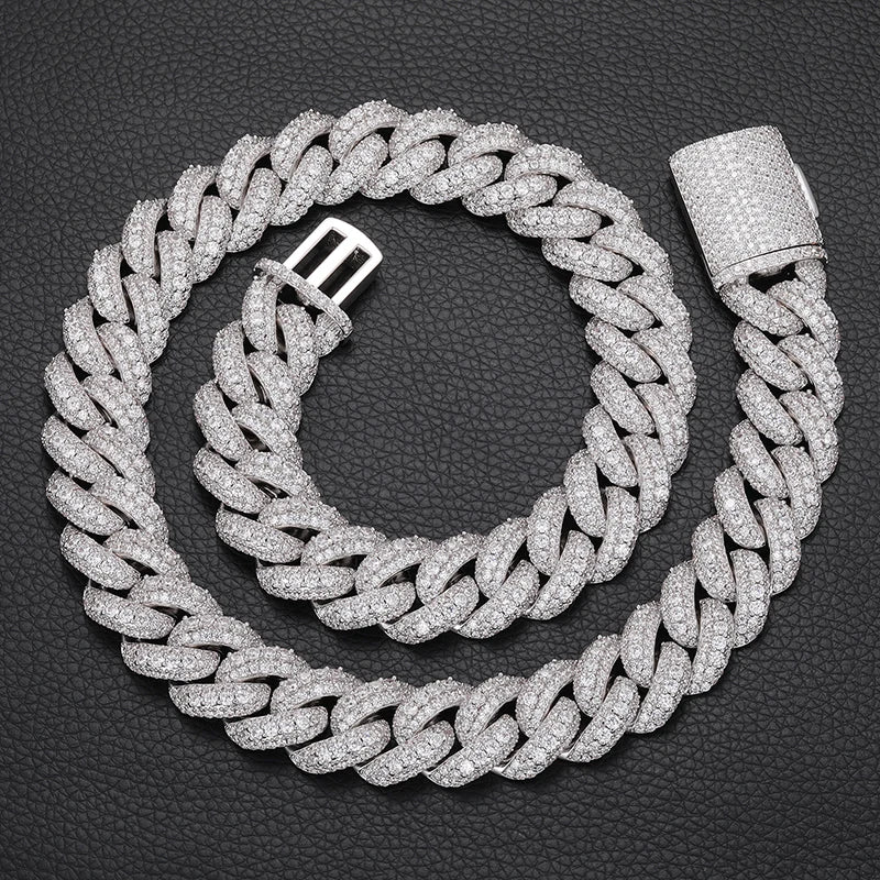 Men's 18mm 3 Row VVS Moissanite Cuban Link Chain Necklace 925 Sterling Silver