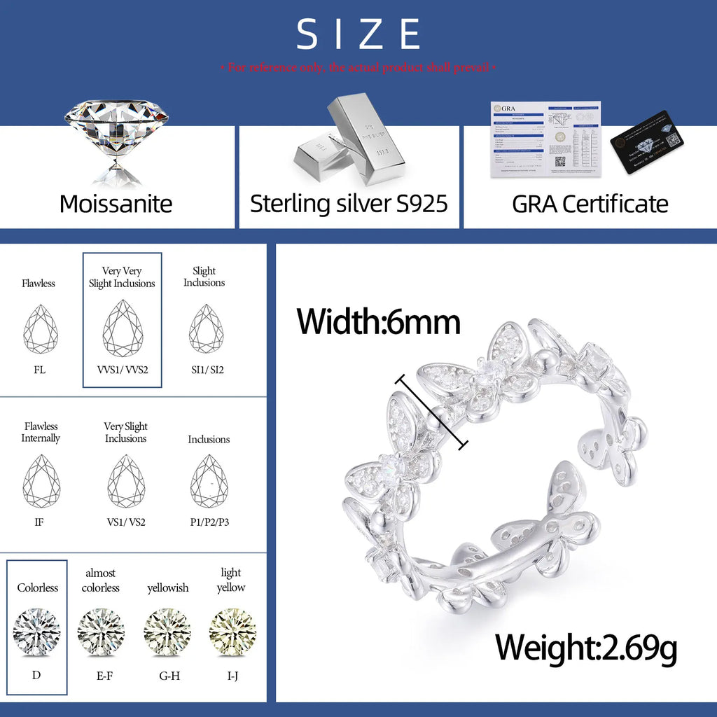Unisex Iced Out 925 Sterling Silver VVS Moissanite Round Brilliant Cut Adjustable Butterfly Ring