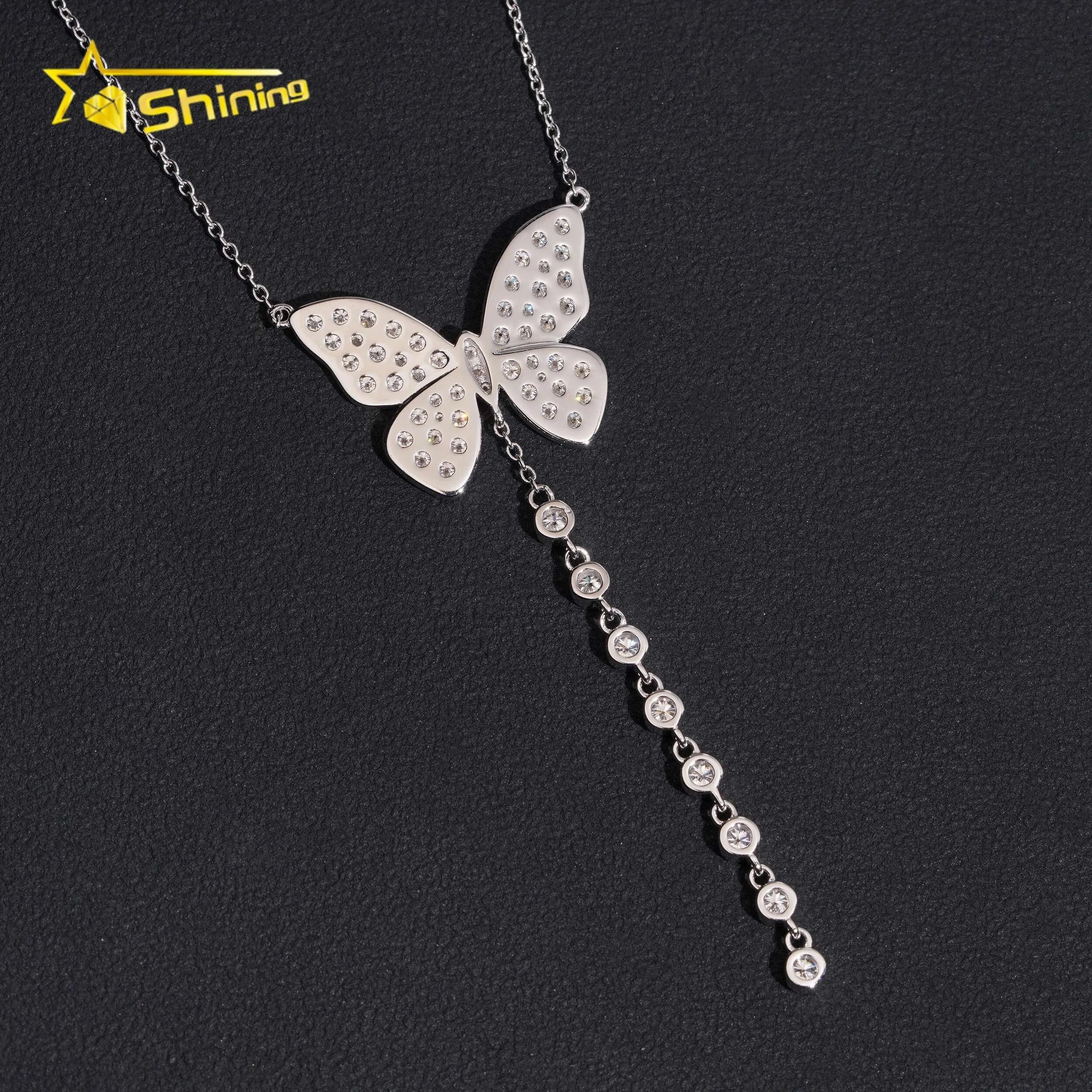 Women's Iced Out 925 Sterling Silver Butterfly Charm Moissanite Necklace