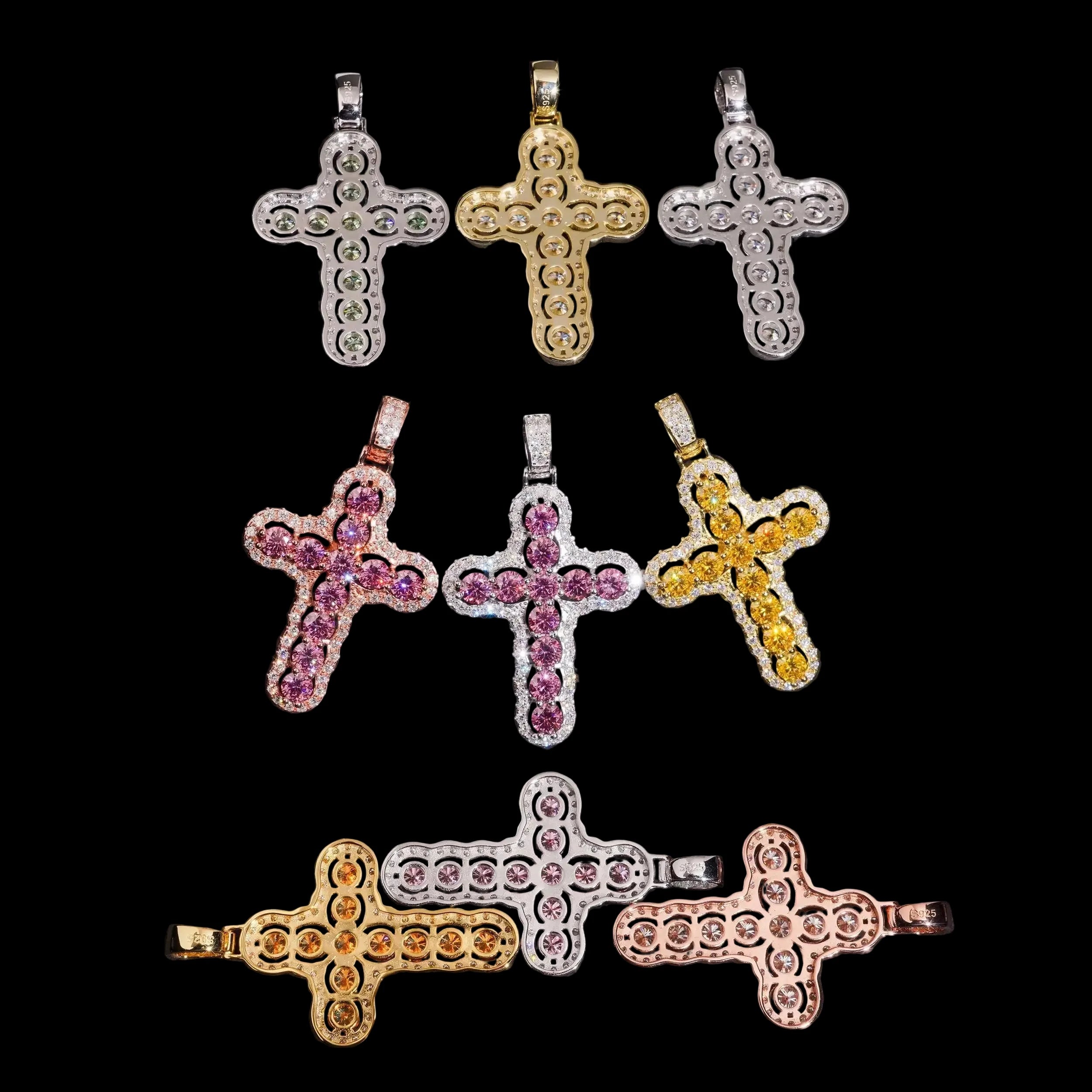 Unisex 925 Sterling Silver VVS Moissanite Crown Cross Iced Out Pendant P7405