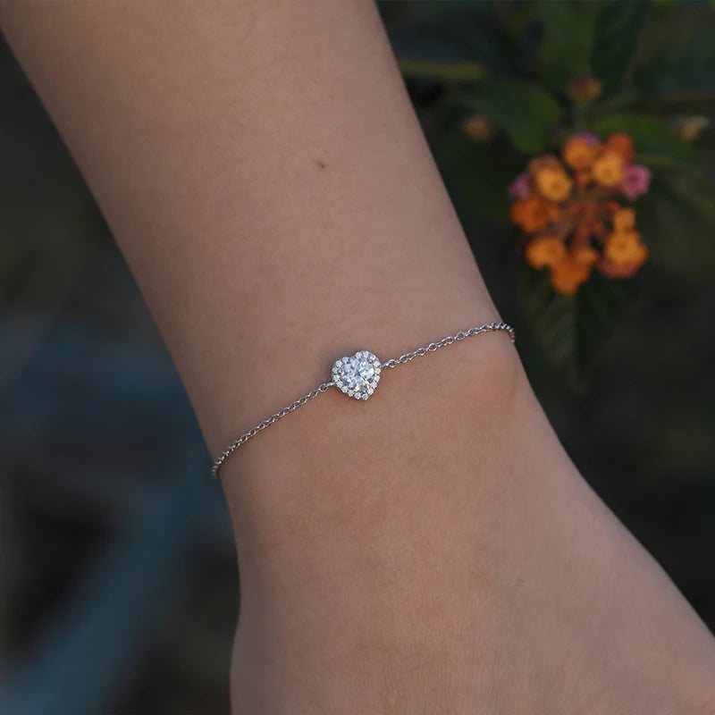 Women's Iced Out 925 Sterling Silver VVS Moissanite Heart Charm Bracelet