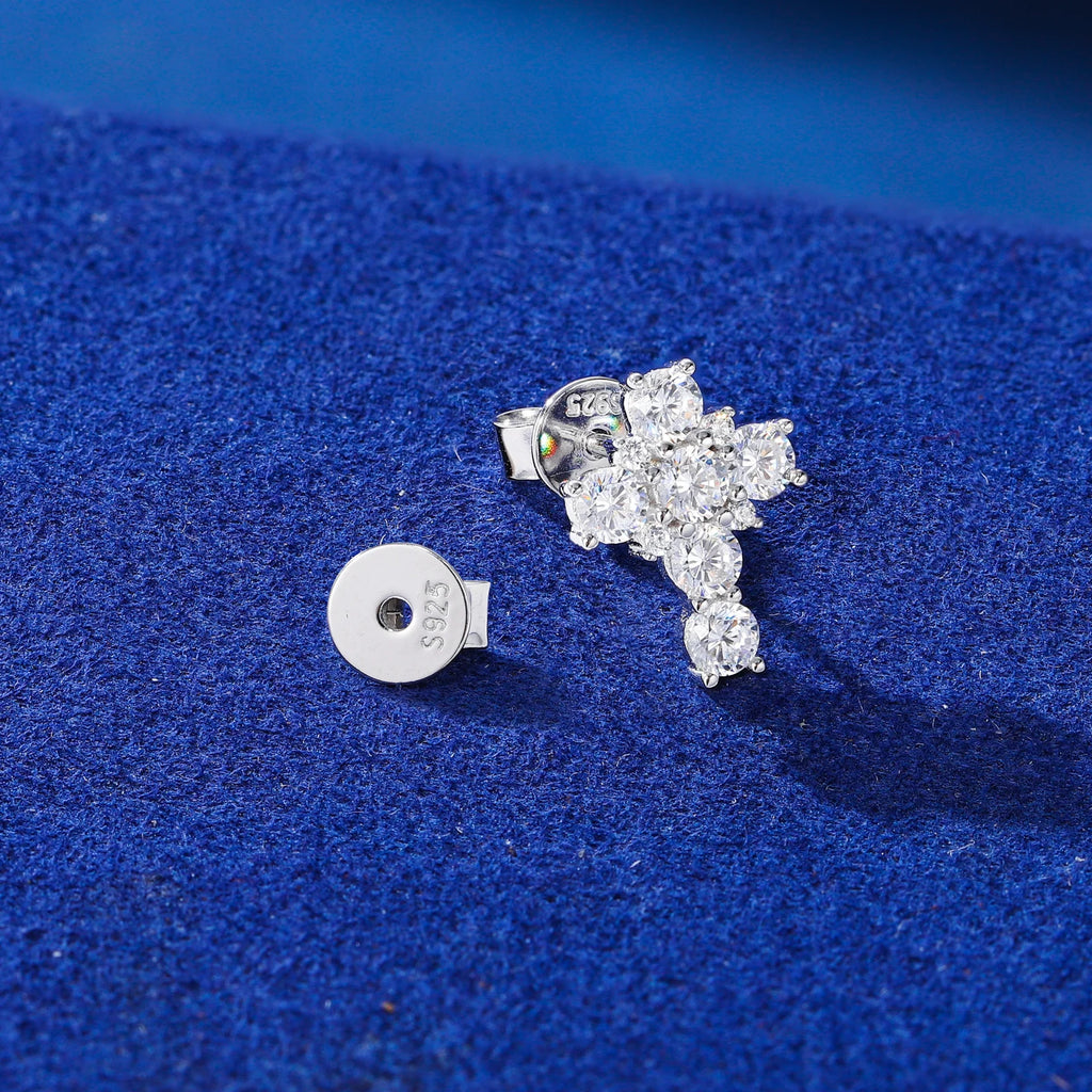 Unisex 925 Sterling Silver VVS Moissanite Baguette Cluster Cross Stud Earrings