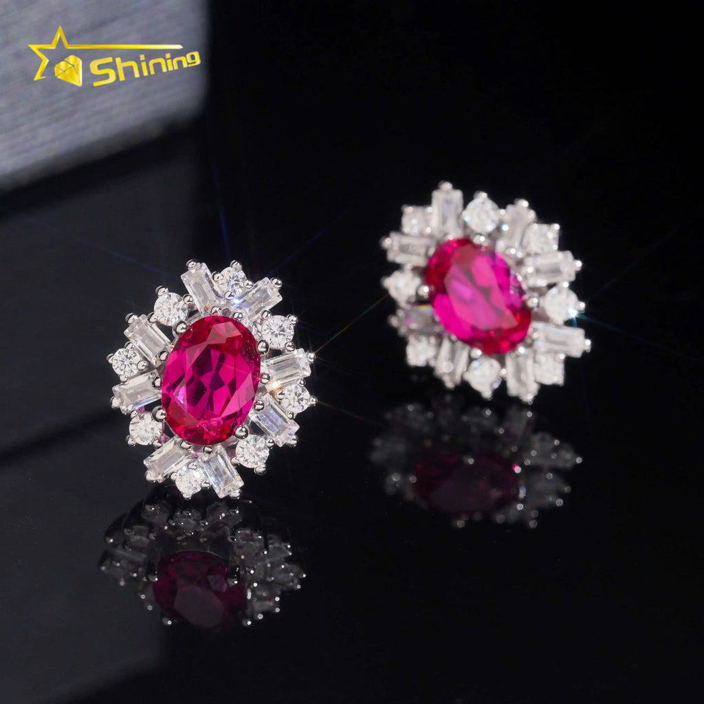 Women's Round Brilliant Cut Lab Grown Ruby and Moissanite Stud Earrings 925 Sterling Silver