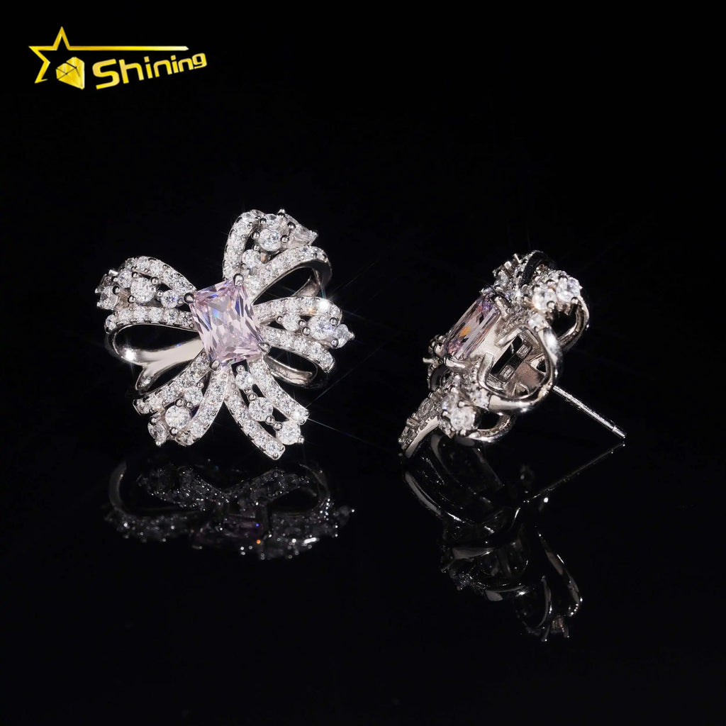 Women's Bow Tie VVS Moissanite & Sakura Pink Lab Grown Gemstone Stud Earrings 925 Sterling Silver