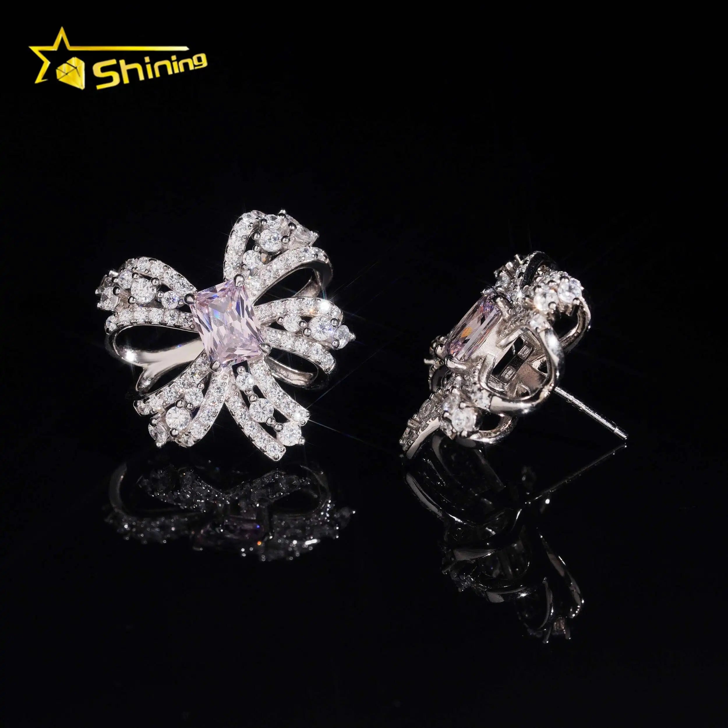 Women's Bow Tie VVS Moissanite & Sakura Pink Lab Grown Gemstone Stud Earrings 925 Sterling Silver
