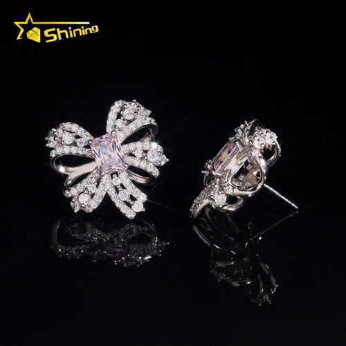Women's Bow Tie VVS Moissanite & Sakura Pink Lab Grown Gemstone Stud Earrings 925 Sterling Silver