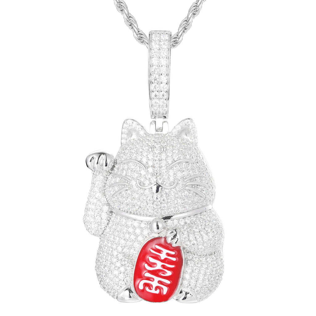 Unisex Iced Out Fortune Cat Pendant 925 Sterling Silver VVS Moissanite TQP0450