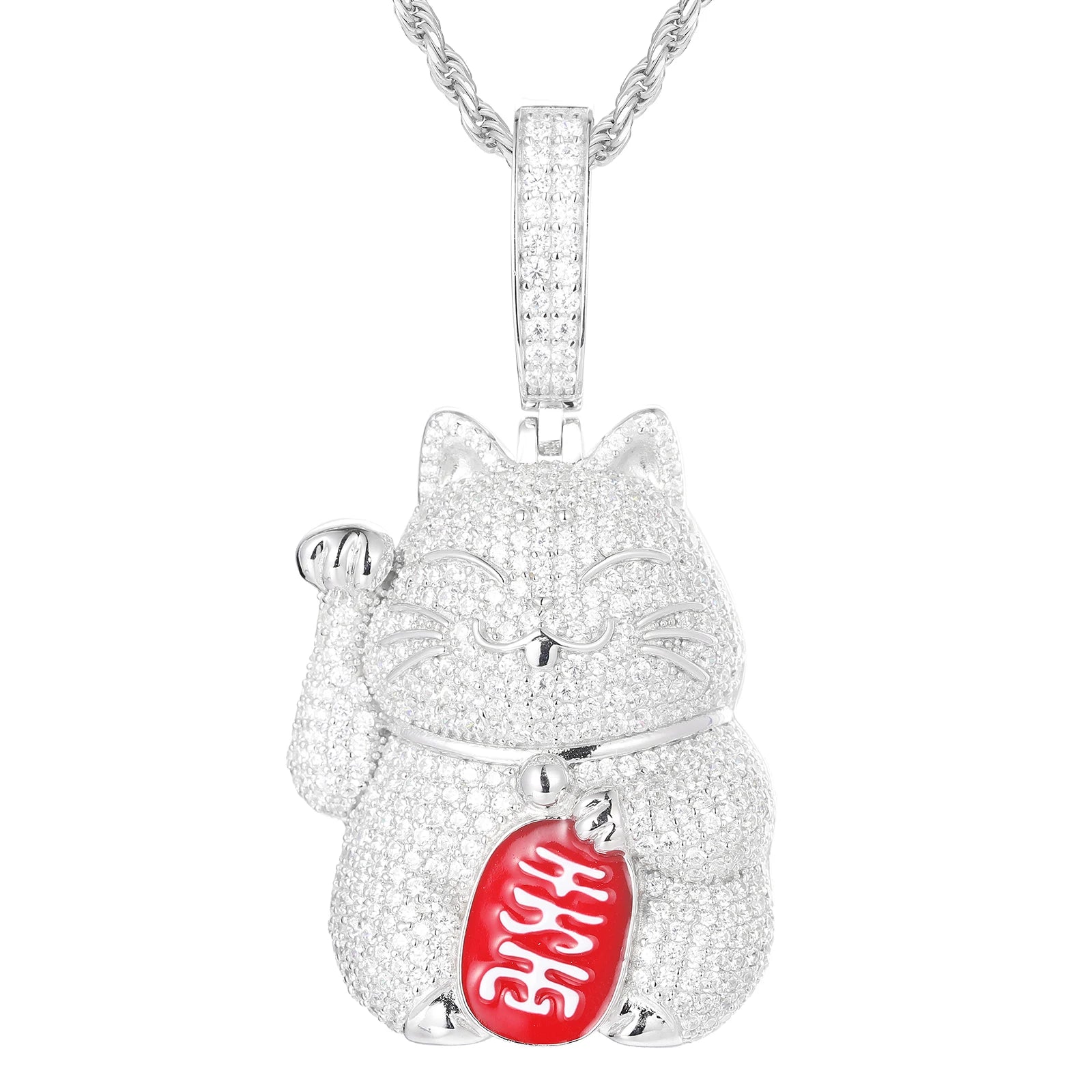 Unisex Iced Out Fortune Cat Pendant 925 Sterling Silver VVS Moissanite TQP0450
