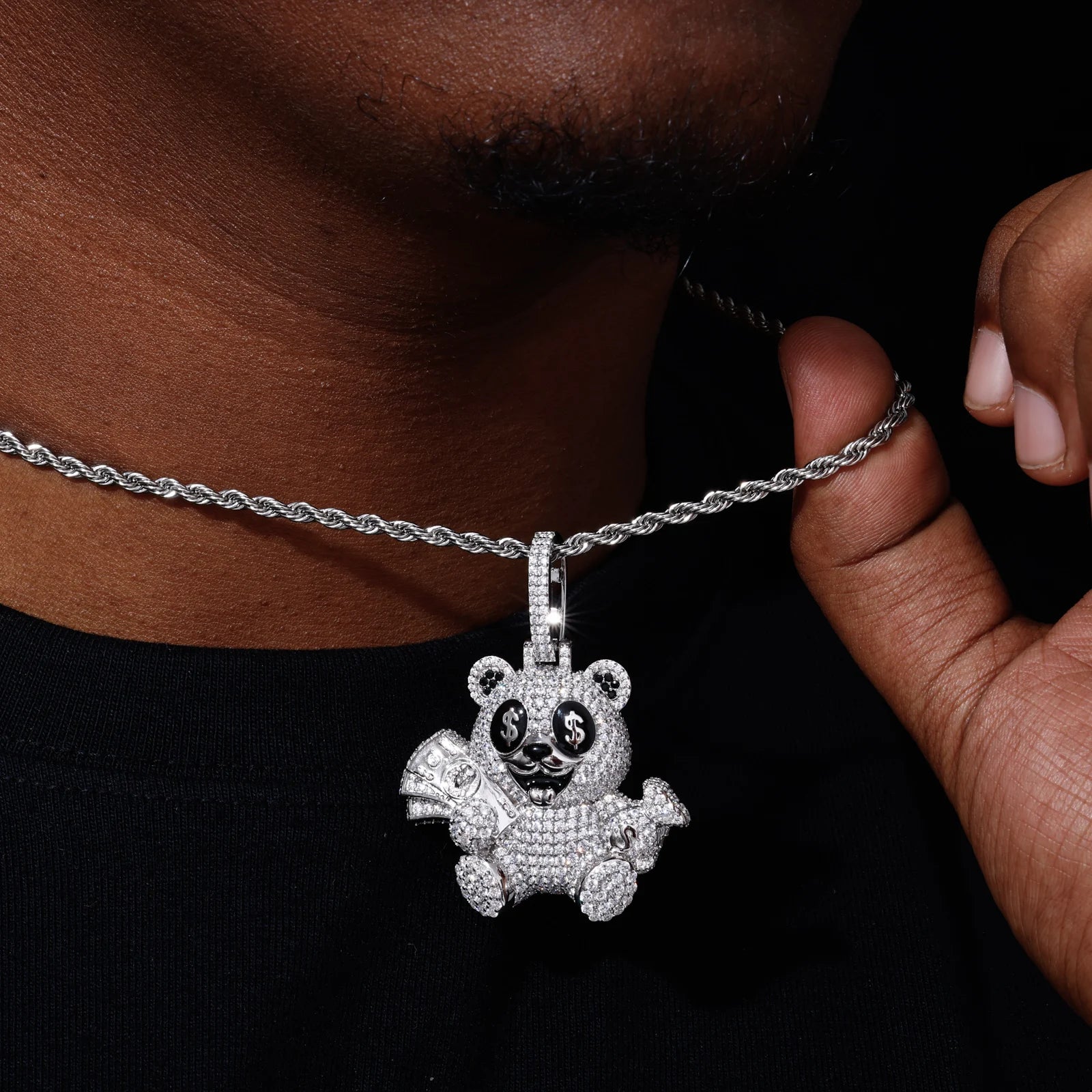 Men's 925 Sterling Silver VVS Moissanite Iced Out Money Dollar Teddy Bear Pendant TQP0891