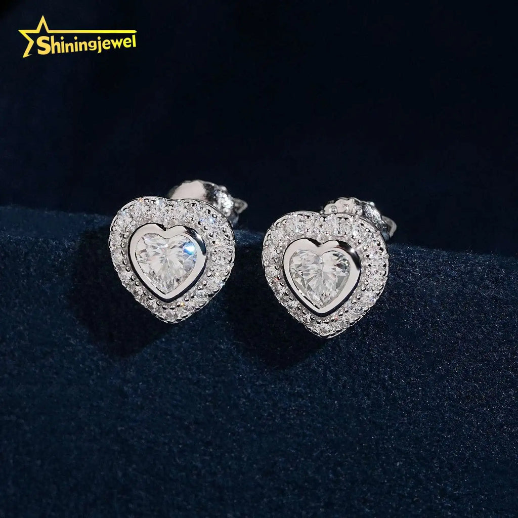 Unisex Iced Out 925 Sterling Silver VVS Moissanite Heart Stud Earrings