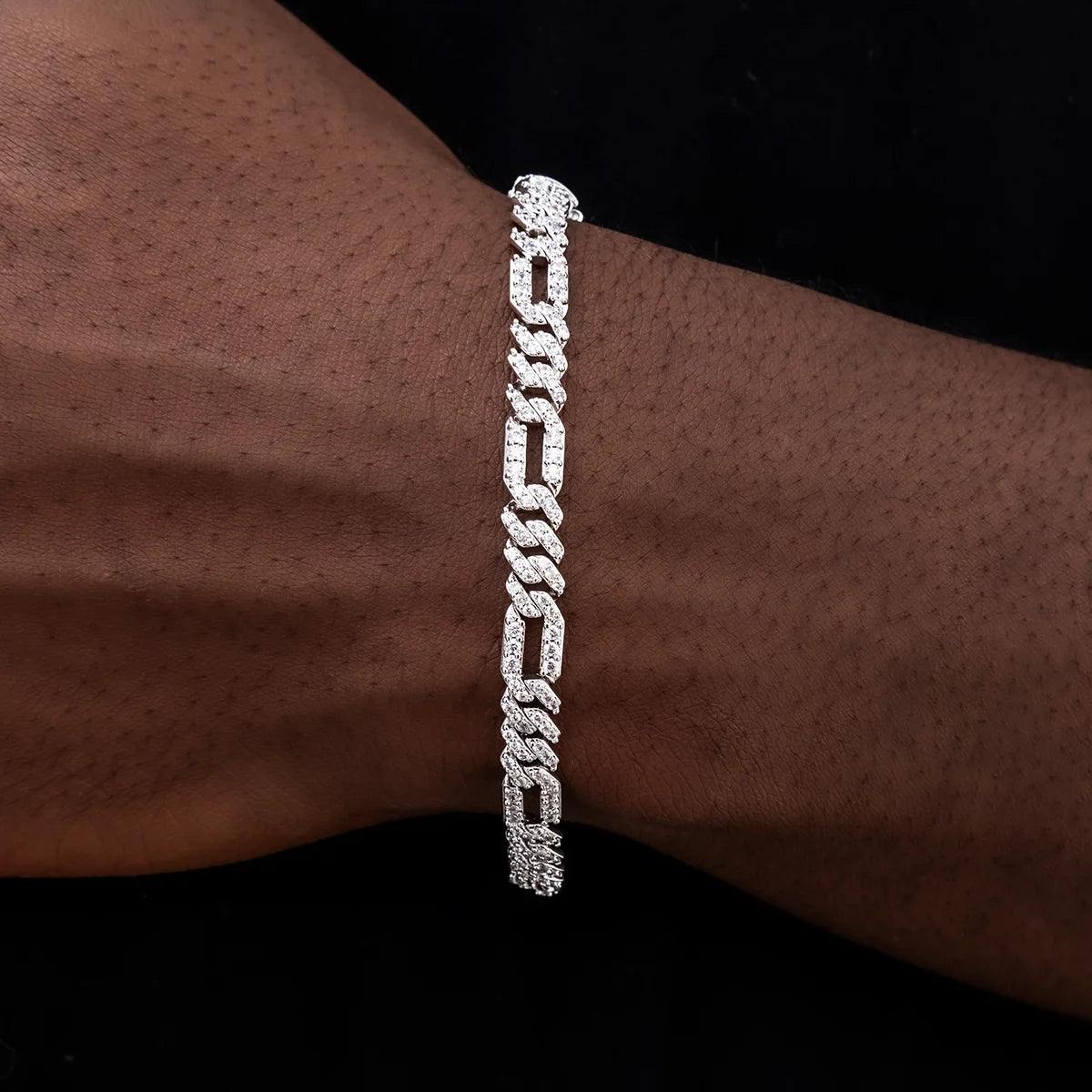 Men's 6mm Round Brilliant Cut VVS Moissanite Figaro Cuban Link Chain Bracelet 925 Sterling Silver