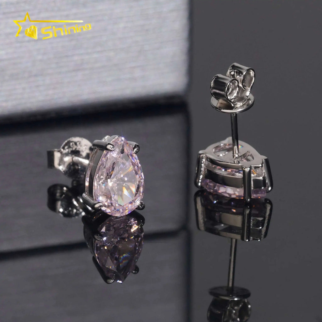 Unisex Iced Out 925 Sterling Silver Rhodium Plated VVS Moissanite Pear Cut Sakura Lab Grown Gemstone Stud Earrings