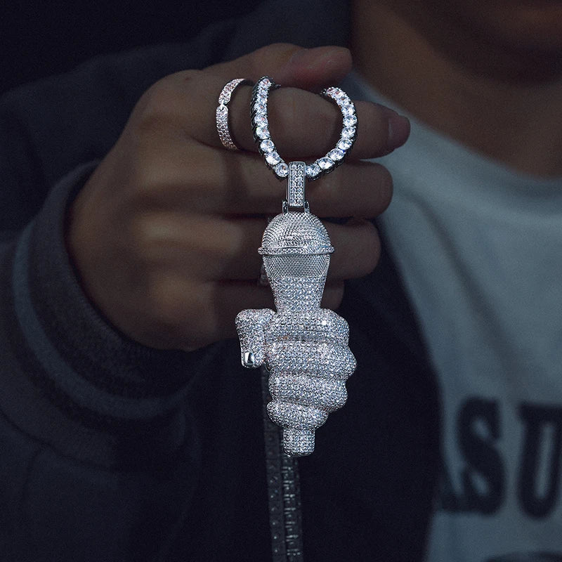 Unisex Iced Out Rapper's Microphone Pendant 925 Sterling Silver VVS Moissanite TQP0341