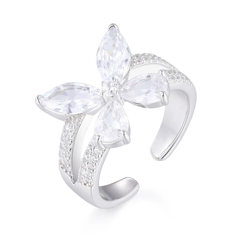 Women's Iced Out 925 Sterling Silver Pear Cut 5A Cubic Zirconia Butterfly Open Ring