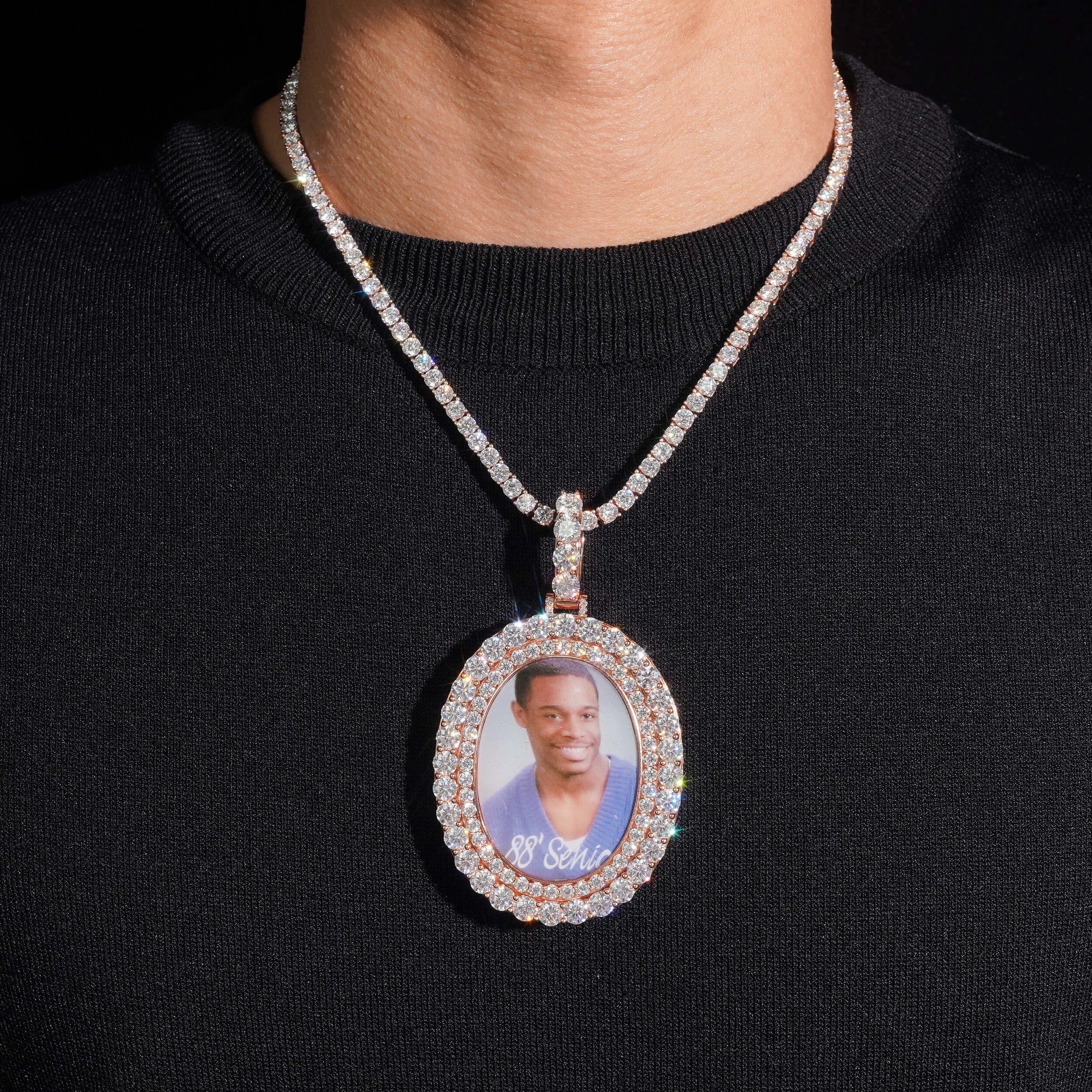 Unisex 925 Sterling Silver VVS Moissanite Oval Photo Memory Iced Out Pendant
