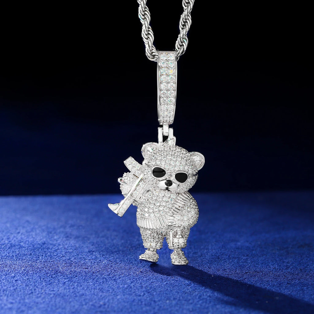 Men's Iced Out Bear Holding AK Pendant 925 Sterling Silver VVS Moissanite TQP0799