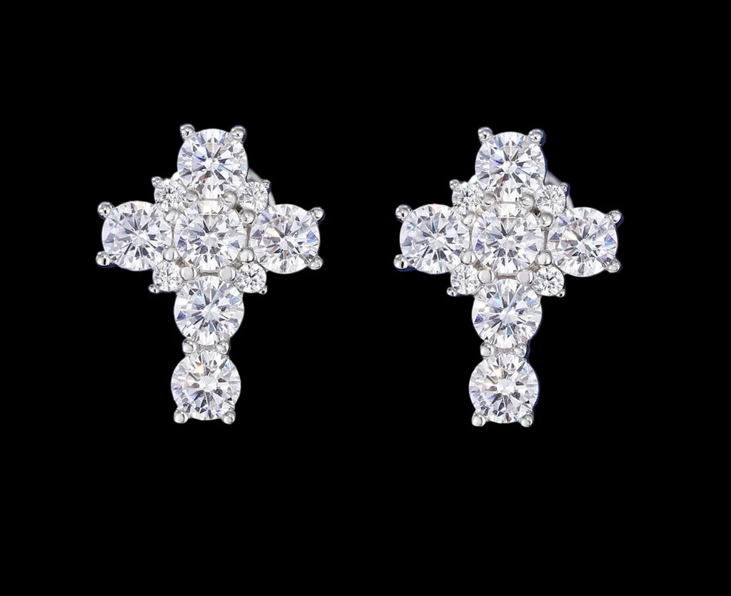 Unisex 925 Sterling Silver VVS Moissanite Baguette Cluster Cross Stud Earrings