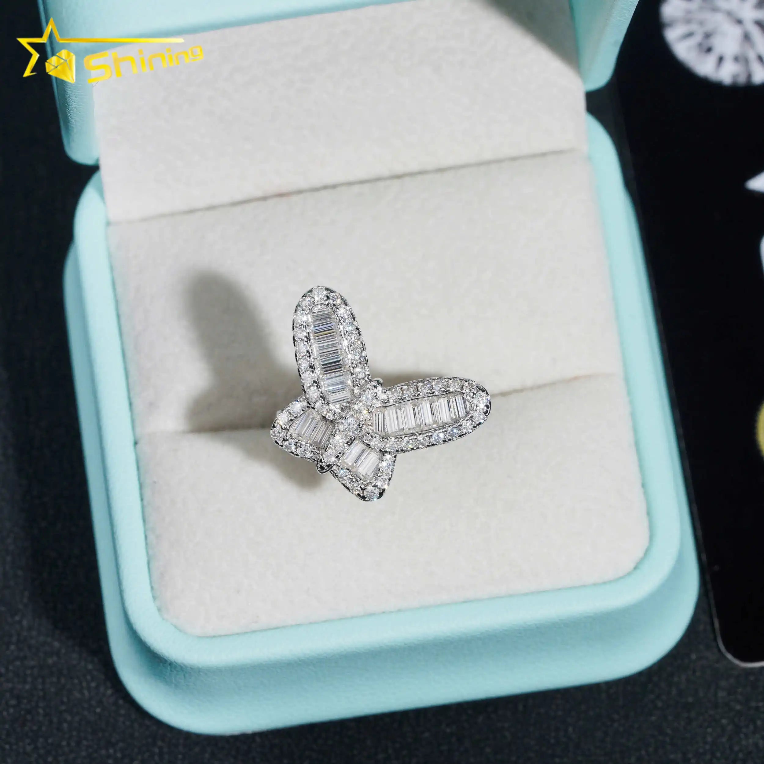 Unisex Iced Out 925 Sterling Silver VVS Moissanite Round Brilliant Cut Butterfly Ring